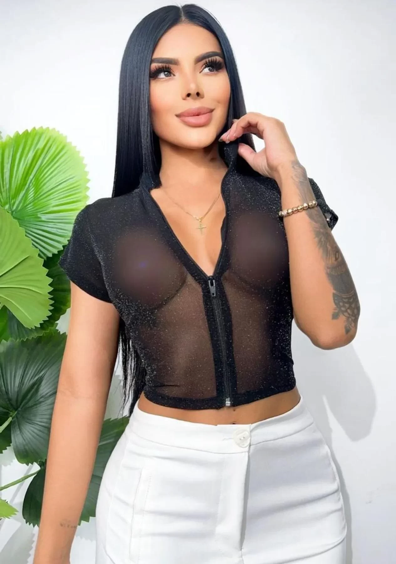 BLUSA TRANSPARENTE CON CIERRE MANGA CORTA - Imagen 2